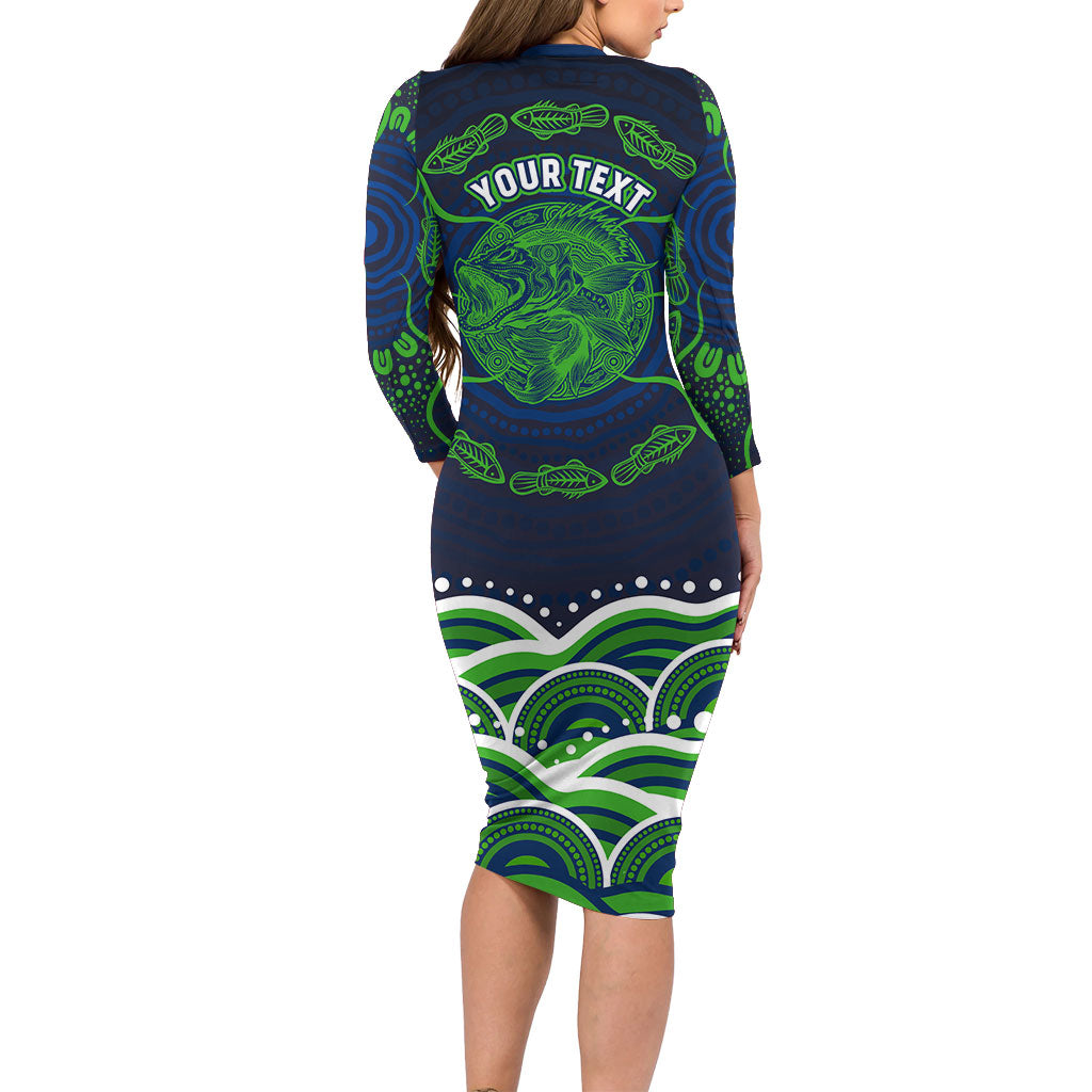 Personalised Barramundi Fishing Long Sleeve Bodycon Dress Aboriginal Dot Art Fierce Fish
