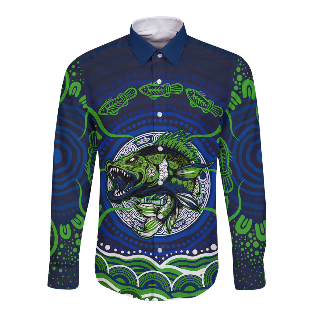 Personalised Barramundi Fishing Long Sleeve Button Shirt Aboriginal Dot Art Fierce Fish