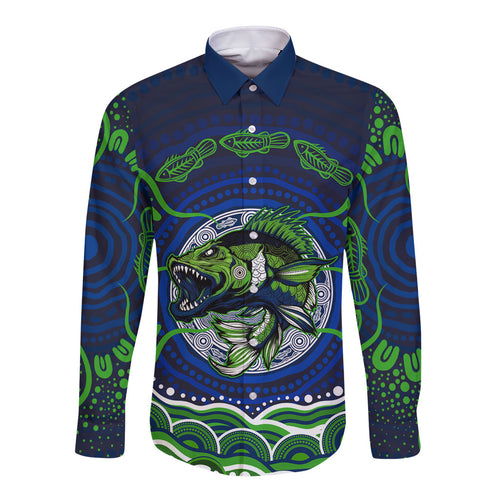 Personalised Barramundi Fishing Long Sleeve Button Shirt Aboriginal Dot Art Fierce Fish