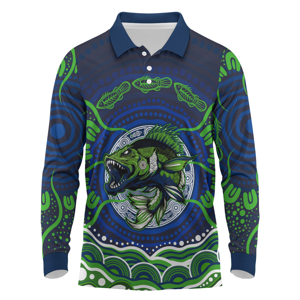 Personalised Barramundi Fishing Long Sleeve Polo Shirt Aboriginal Dot Art Fierce Fish