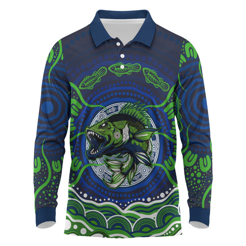 Personalised Barramundi Fishing Long Sleeve Polo Shirt Aboriginal Dot Art Fierce Fish