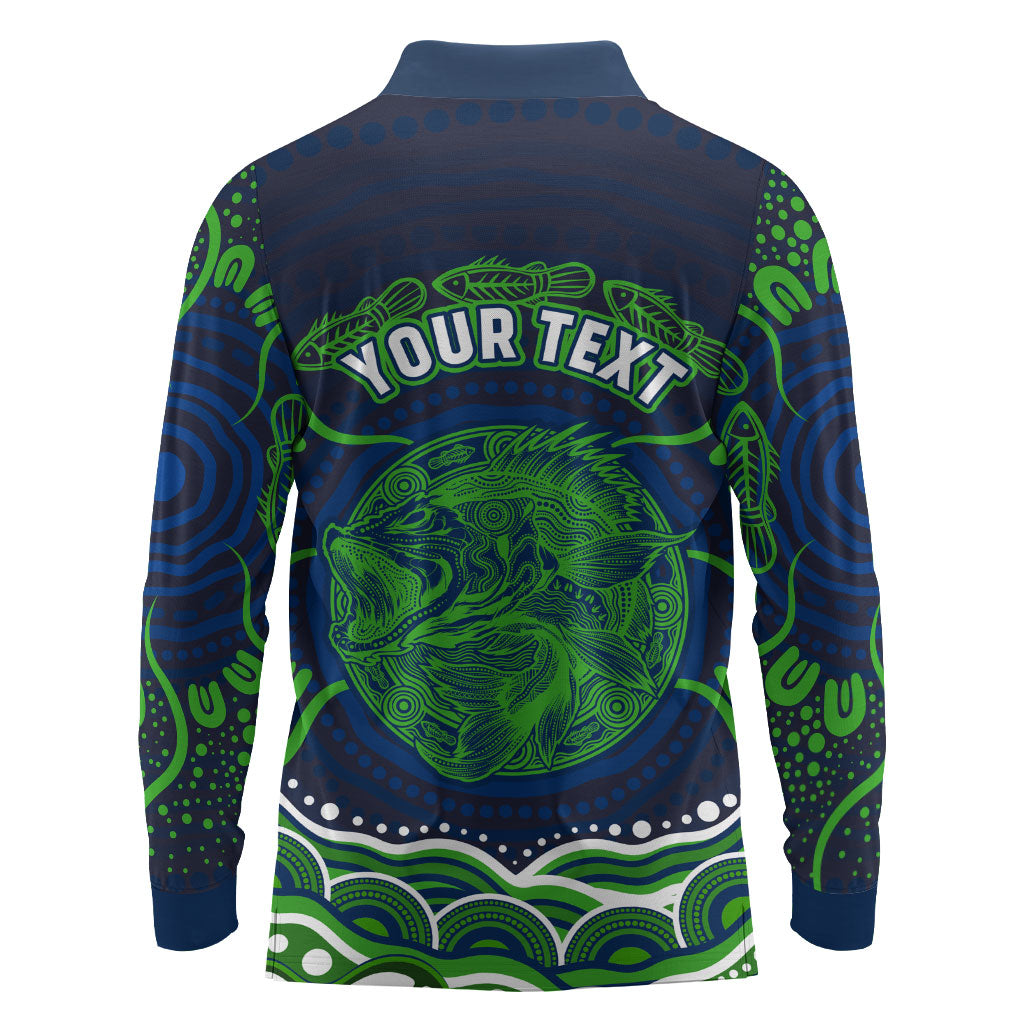 Personalised Barramundi Fishing Long Sleeve Polo Shirt Aboriginal Dot Art Fierce Fish