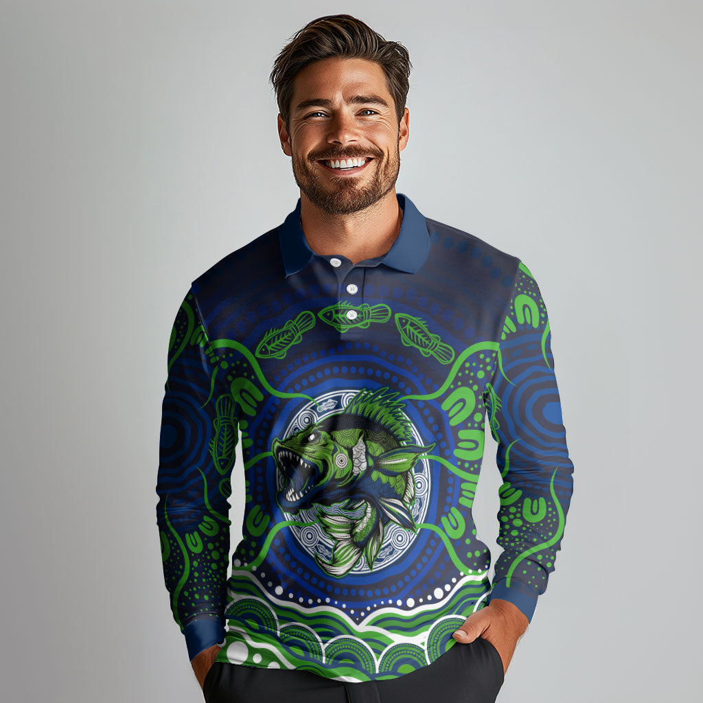 Personalised Barramundi Fishing Long Sleeve Polo Shirt Aboriginal Dot Art Fierce Fish