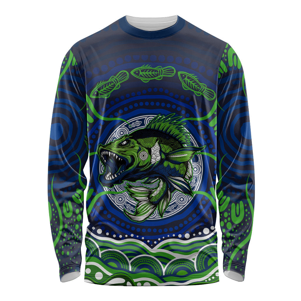 Personalised Barramundi Fishing Long Sleeve Shirt Aboriginal Dot Art Fierce Fish