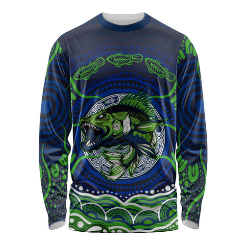 Personalised Barramundi Fishing Long Sleeve Shirt Aboriginal Dot Art Fierce Fish