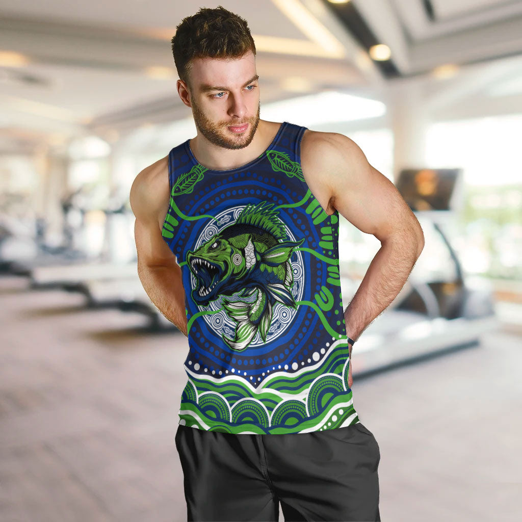 Personalised Barramundi Fishing Men Tank Top Aboriginal Dot Art Fierce Fish