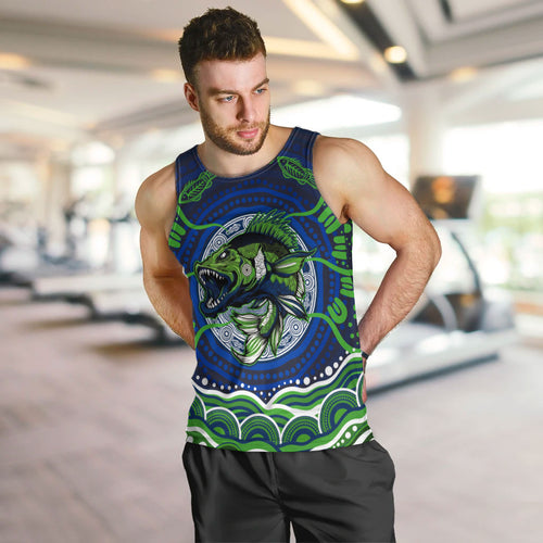 Personalised Barramundi Fishing Men Tank Top Aboriginal Dot Art Fierce Fish