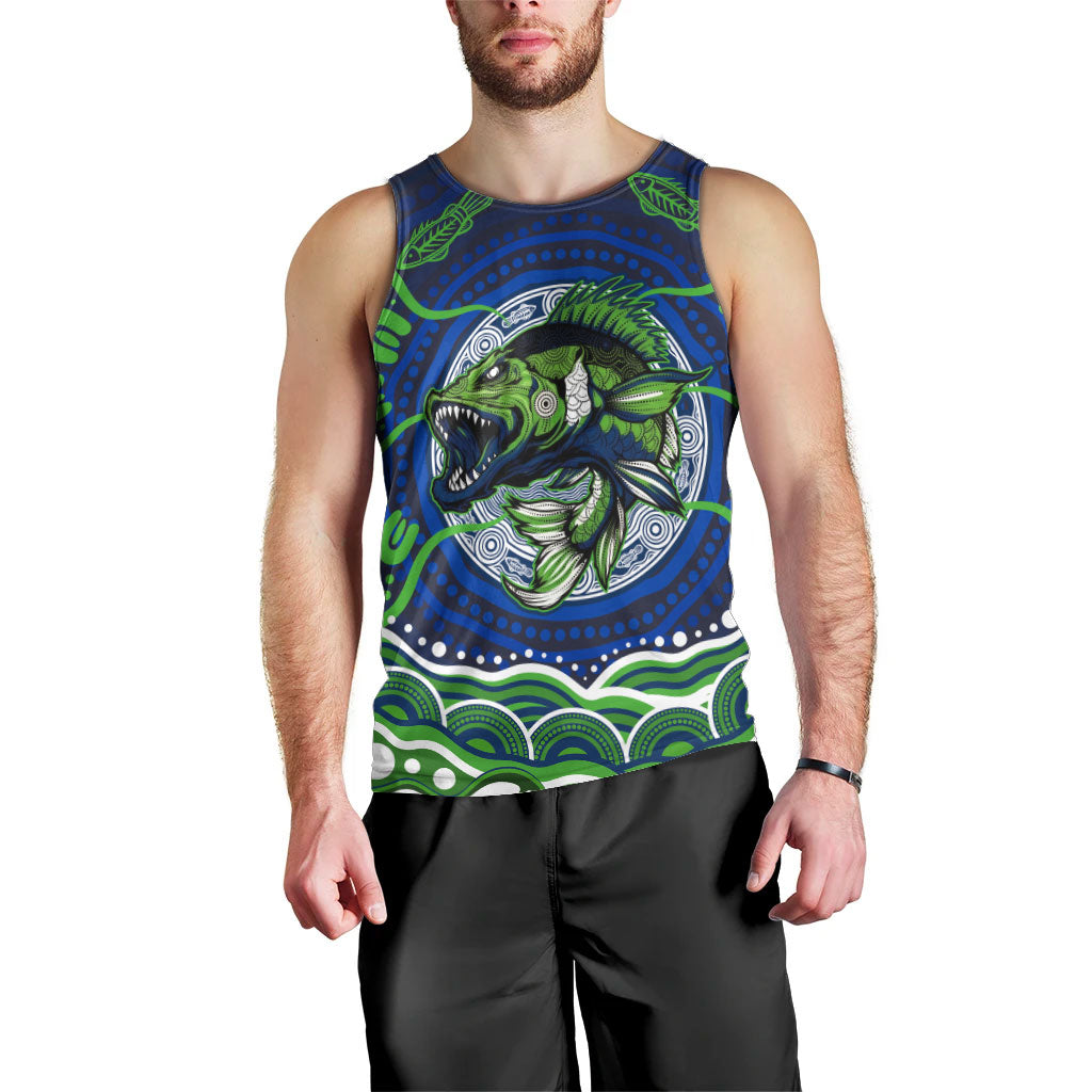 Personalised Barramundi Fishing Men Tank Top Aboriginal Dot Art Fierce Fish