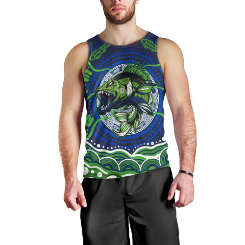 Personalised Barramundi Fishing Men Tank Top Aboriginal Dot Art Fierce Fish