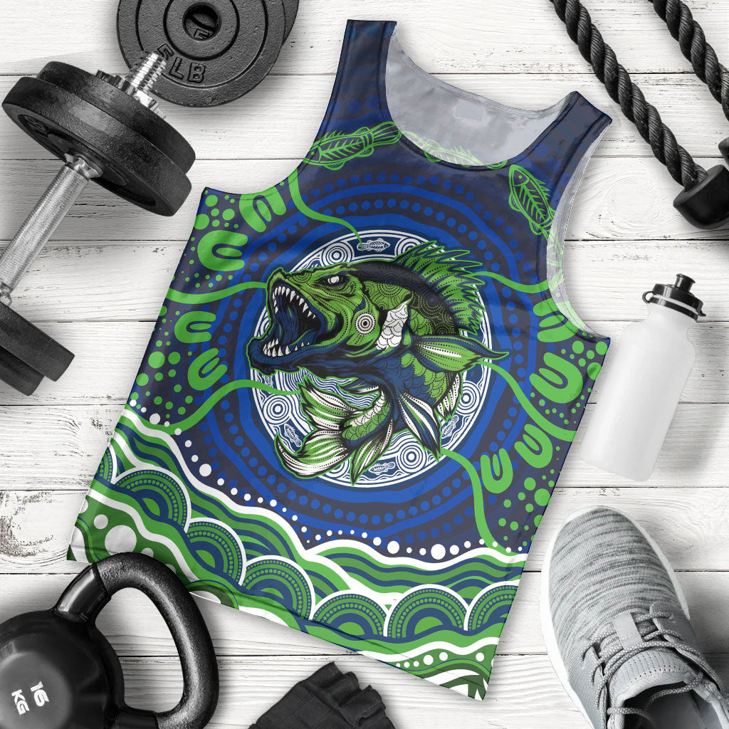 Personalised Barramundi Fishing Men Tank Top Aboriginal Dot Art Fierce Fish