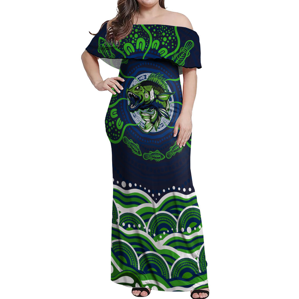 Personalised Barramundi Fishing Off Shoulder Maxi Dress Aboriginal Dot Art Fierce Fish