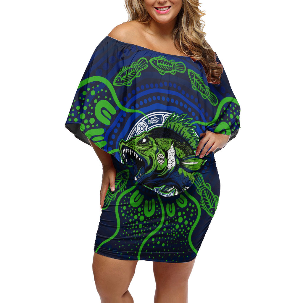 Personalised Barramundi Fishing Off Shoulder Short Dress Aboriginal Dot Art Fierce Fish