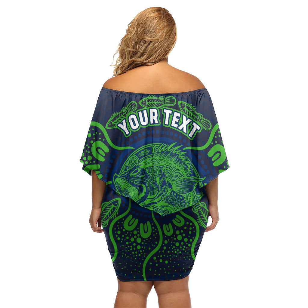 Personalised Barramundi Fishing Off Shoulder Short Dress Aboriginal Dot Art Fierce Fish