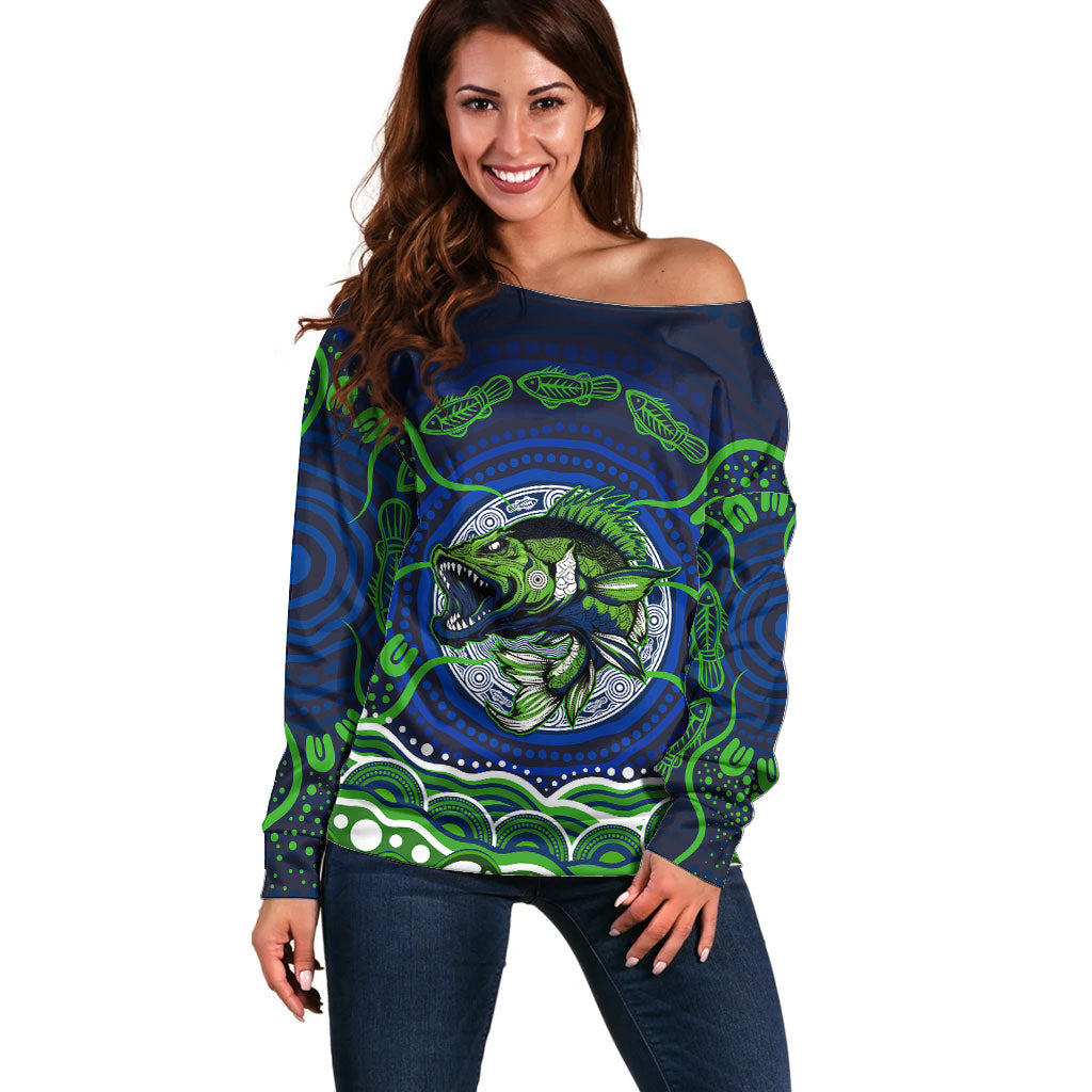 Personalised Barramundi Fishing Off Shoulder Sweater Aboriginal Dot Art Fierce Fish