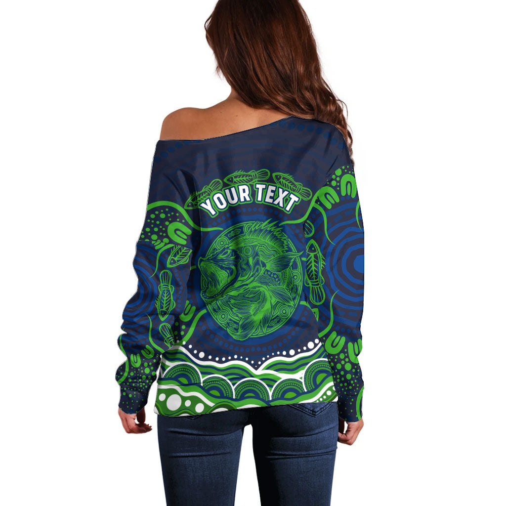 Personalised Barramundi Fishing Off Shoulder Sweater Aboriginal Dot Art Fierce Fish