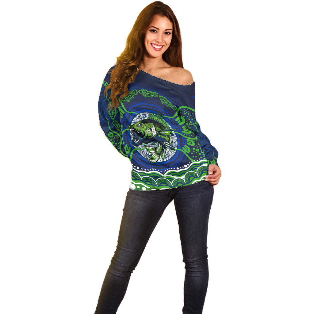 Personalised Barramundi Fishing Off Shoulder Sweater Aboriginal Dot Art Fierce Fish