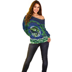Personalised Barramundi Fishing Off Shoulder Sweater Aboriginal Dot Art Fierce Fish