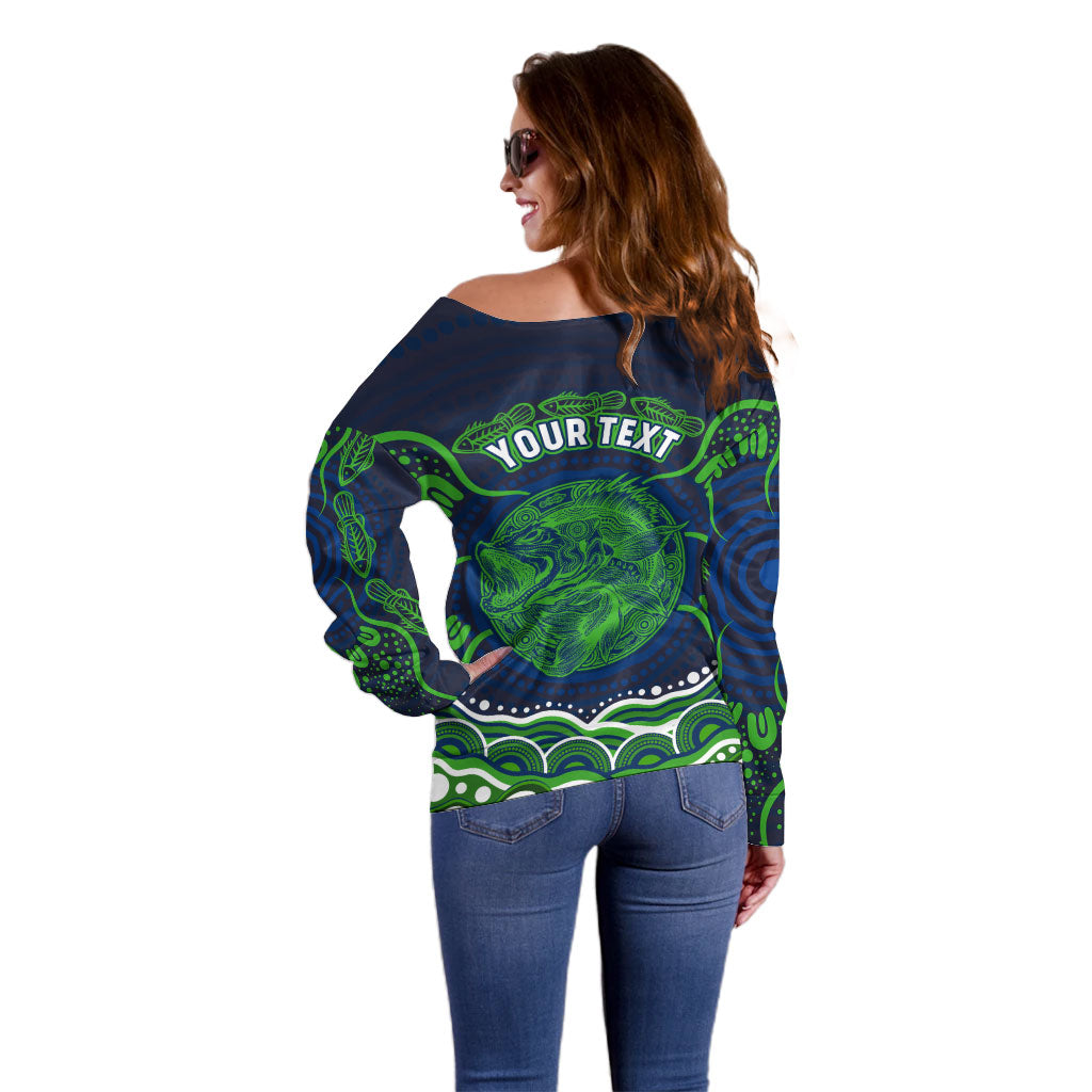Personalised Barramundi Fishing Off Shoulder Sweater Aboriginal Dot Art Fierce Fish