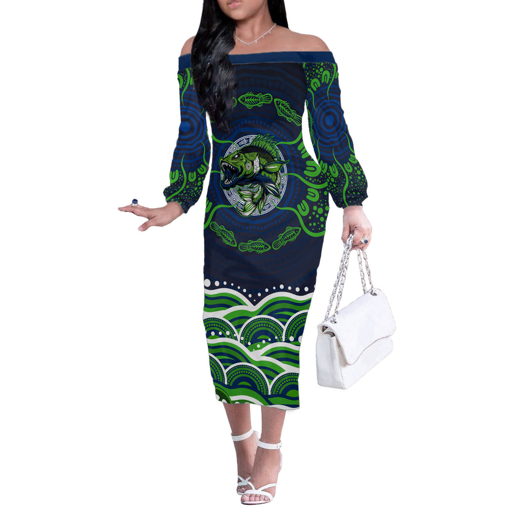 Personalised Barramundi Fishing Off The Shoulder Long Sleeve Dress Aboriginal Dot Art Fierce Fish