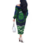 Personalised Barramundi Fishing Off The Shoulder Long Sleeve Dress Aboriginal Dot Art Fierce Fish