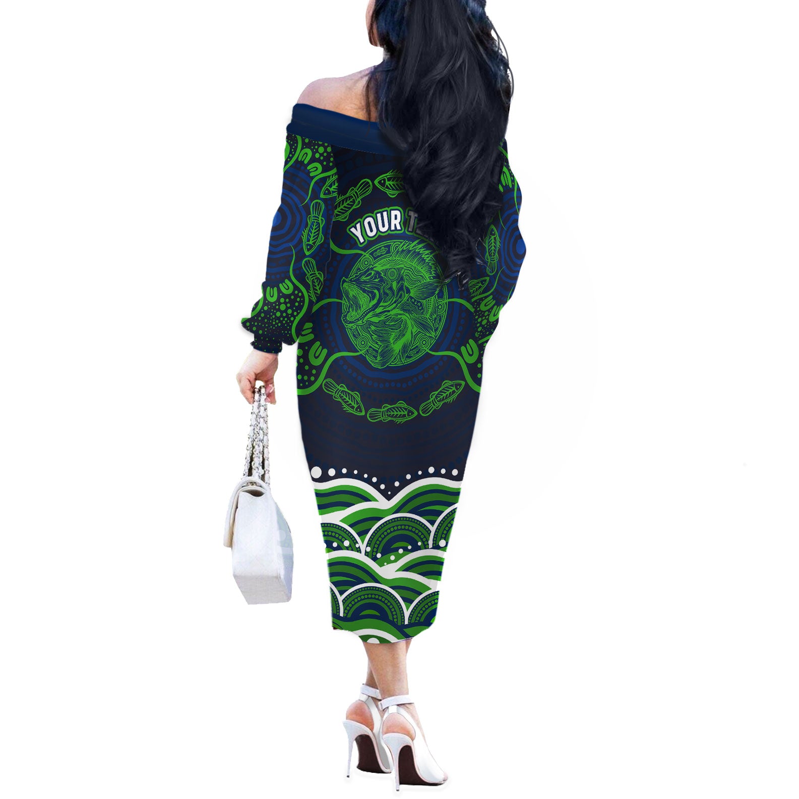 Personalised Barramundi Fishing Off The Shoulder Long Sleeve Dress Aboriginal Dot Art Fierce Fish