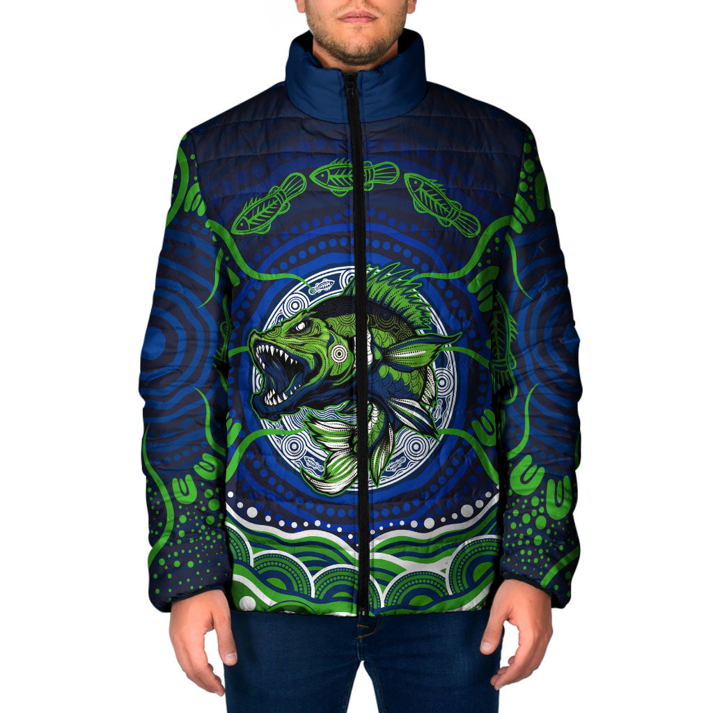 Personalised Barramundi Fishing Padded Jacket Aboriginal Dot Art Fierce Fish