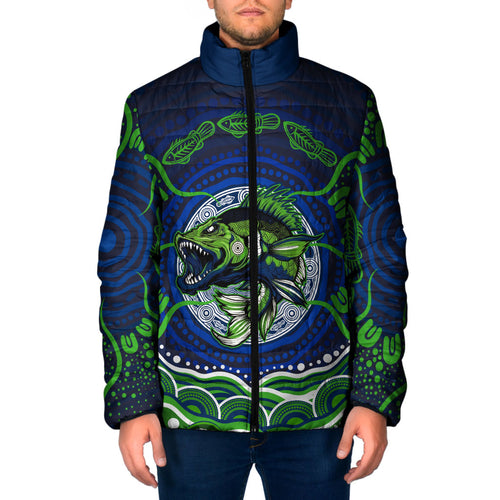 Personalised Barramundi Fishing Padded Jacket Aboriginal Dot Art Fierce Fish