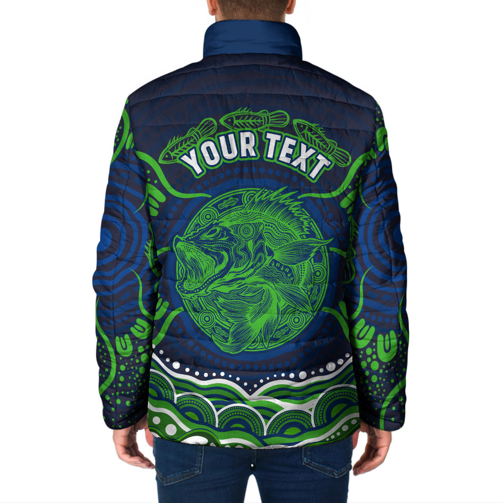 Personalised Barramundi Fishing Padded Jacket Aboriginal Dot Art Fierce Fish