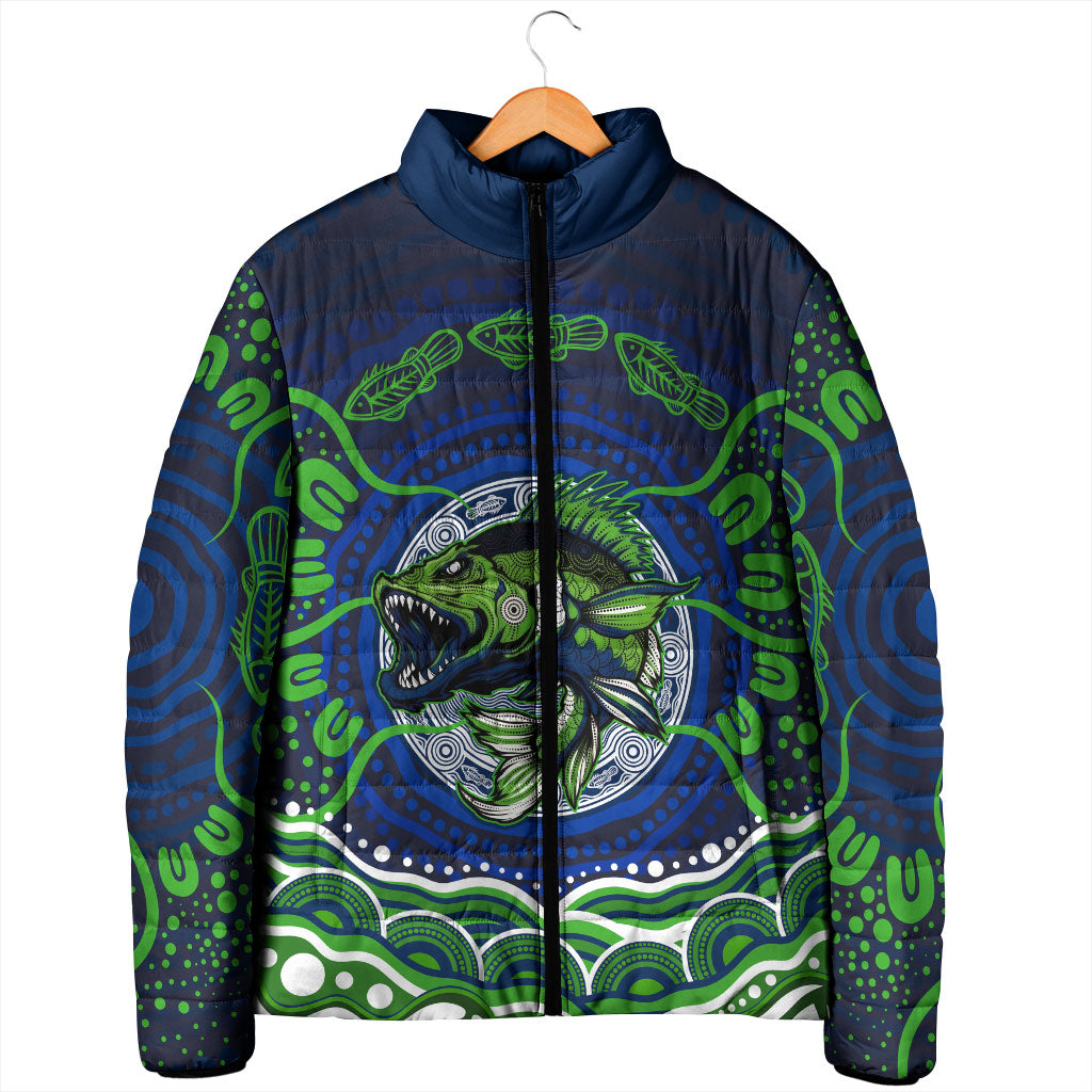 Personalised Barramundi Fishing Padded Jacket Aboriginal Dot Art Fierce Fish