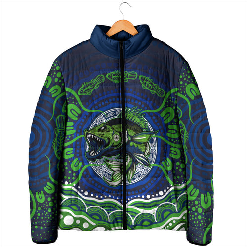 Personalised Barramundi Fishing Padded Jacket Aboriginal Dot Art Fierce Fish