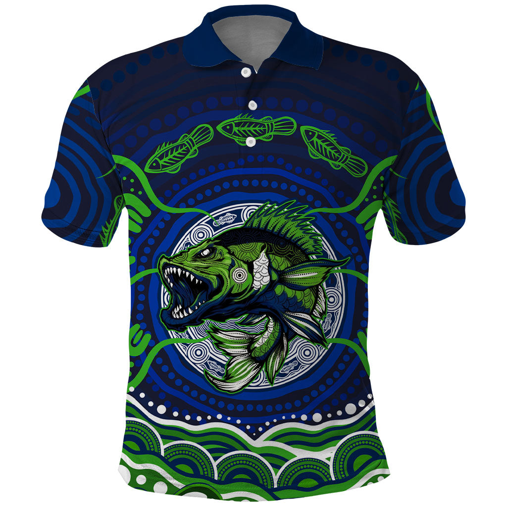 Personalised Barramundi Fishing Polo Shirt Aboriginal Dot Art Fierce Fish