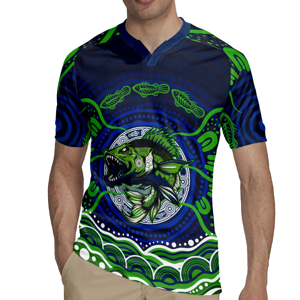 Personalised Barramundi Fishing Rugby Jersey Aboriginal Dot Art Fierce Fish