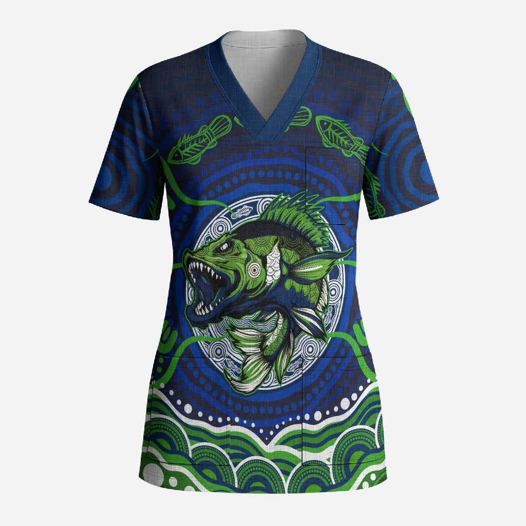 Personalised Barramundi Fishing Scrub Top Aboriginal Dot Art Fierce Fish