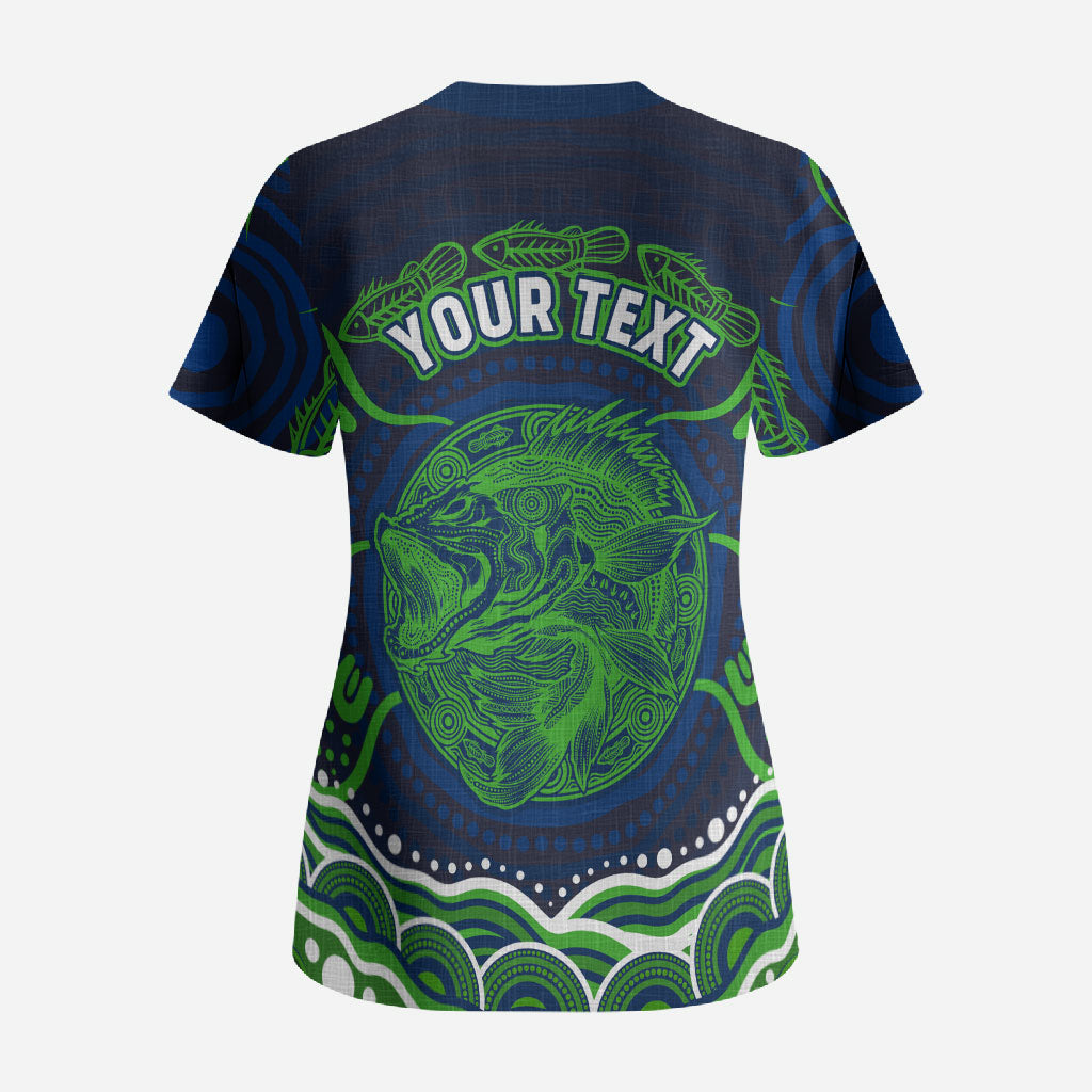 Personalised Barramundi Fishing Scrub Top Aboriginal Dot Art Fierce Fish