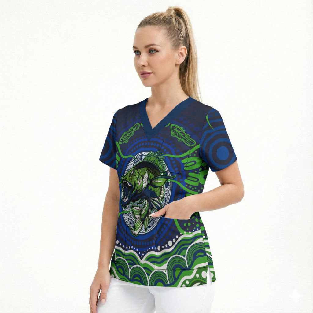 Personalised Barramundi Fishing Scrub Top Aboriginal Dot Art Fierce Fish