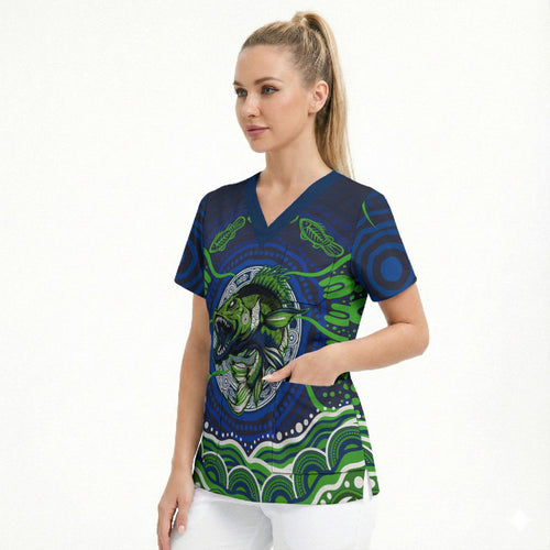 Personalised Barramundi Fishing Scrub Top Aboriginal Dot Art Fierce Fish