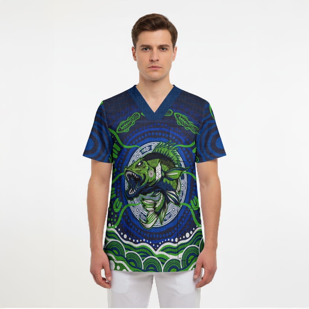 Personalised Barramundi Fishing Scrub Top Aboriginal Dot Art Fierce Fish