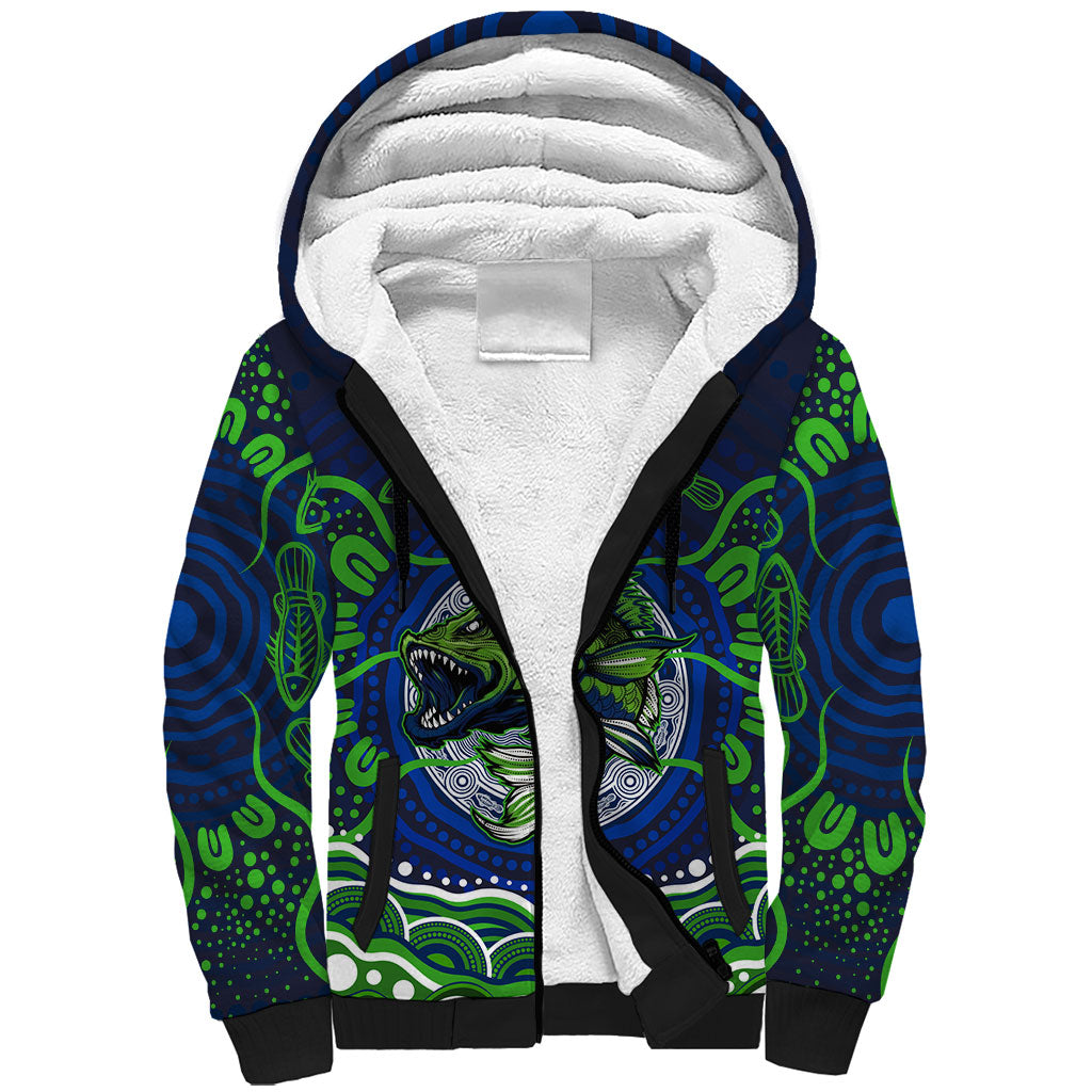 Personalised Barramundi Fishing Sherpa Hoodie Aboriginal Dot Art Fierce Fish