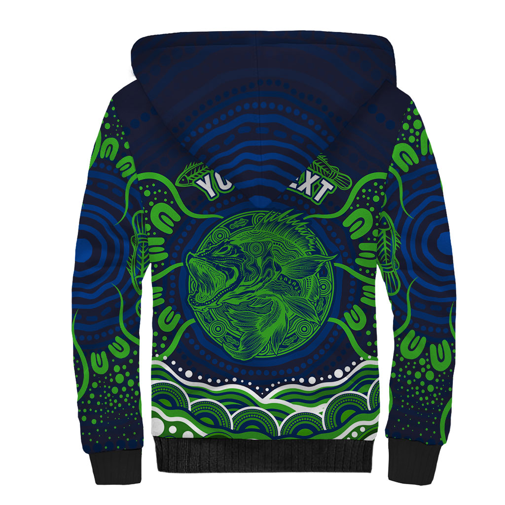 Personalised Barramundi Fishing Sherpa Hoodie Aboriginal Dot Art Fierce Fish
