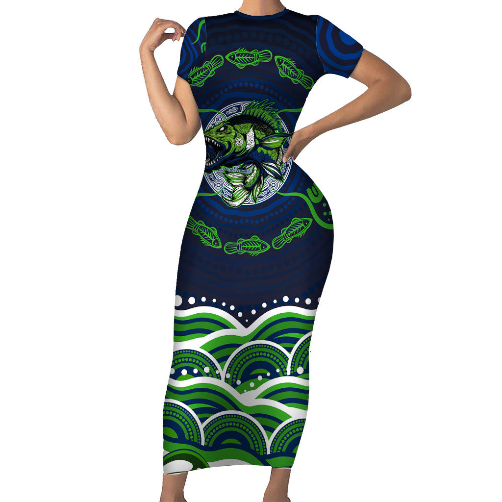 Personalised Barramundi Fishing Short Sleeve Bodycon Dress Aboriginal Dot Art Fierce Fish