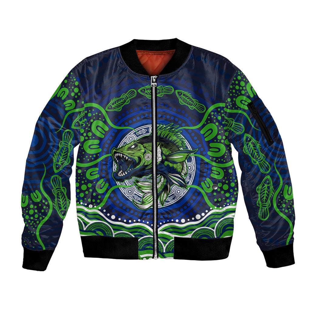 Personalised Barramundi Fishing Sleeve Zip Bomber Jacket Aboriginal Dot Art Fierce Fish