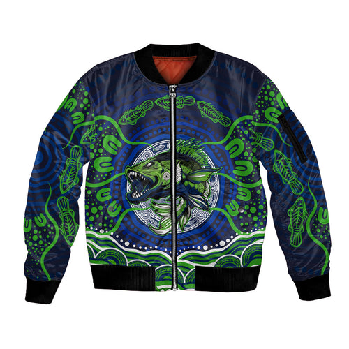 Personalised Barramundi Fishing Sleeve Zip Bomber Jacket Aboriginal Dot Art Fierce Fish
