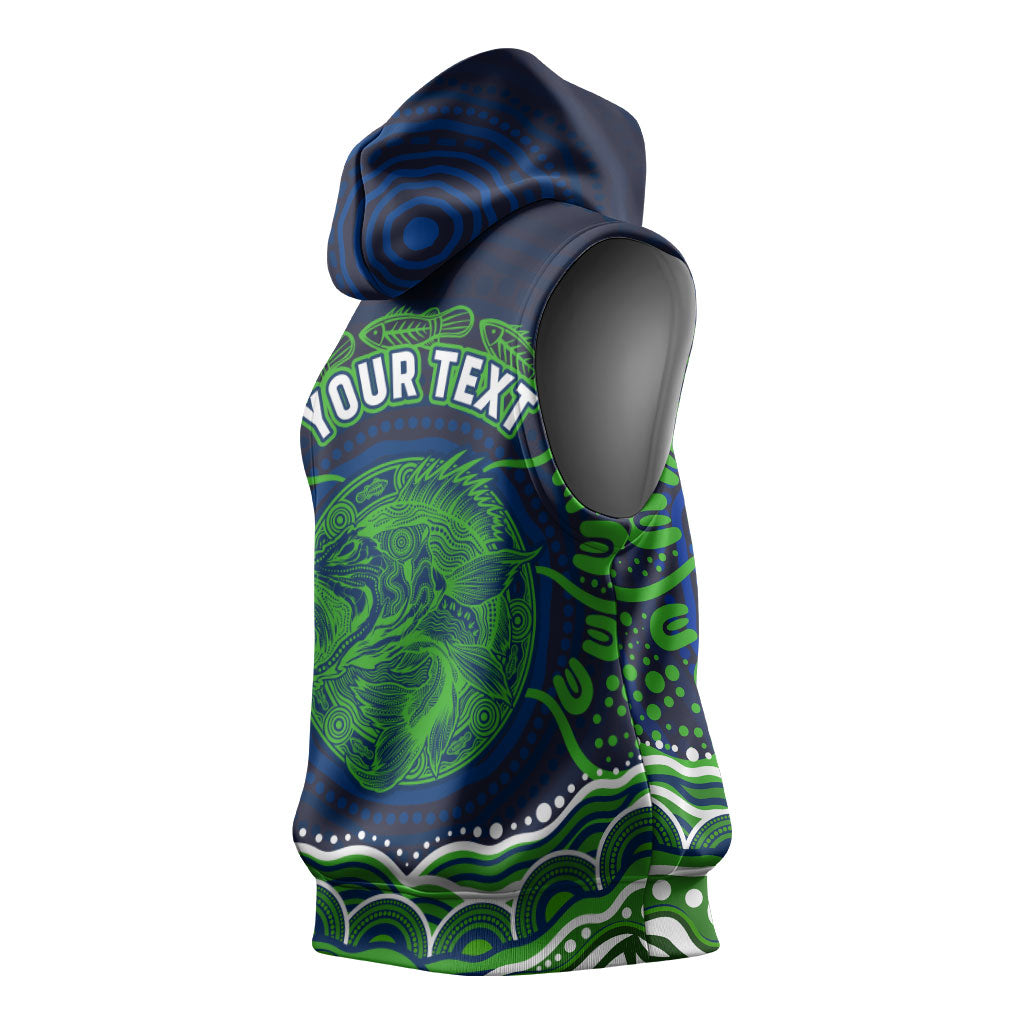 Personalised Barramundi Fishing Sleeveless Hoodie Aboriginal Dot Art Fierce Fish