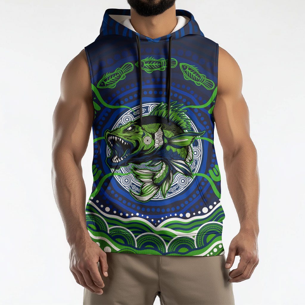 Personalised Barramundi Fishing Sleeveless Hoodie Aboriginal Dot Art Fierce Fish