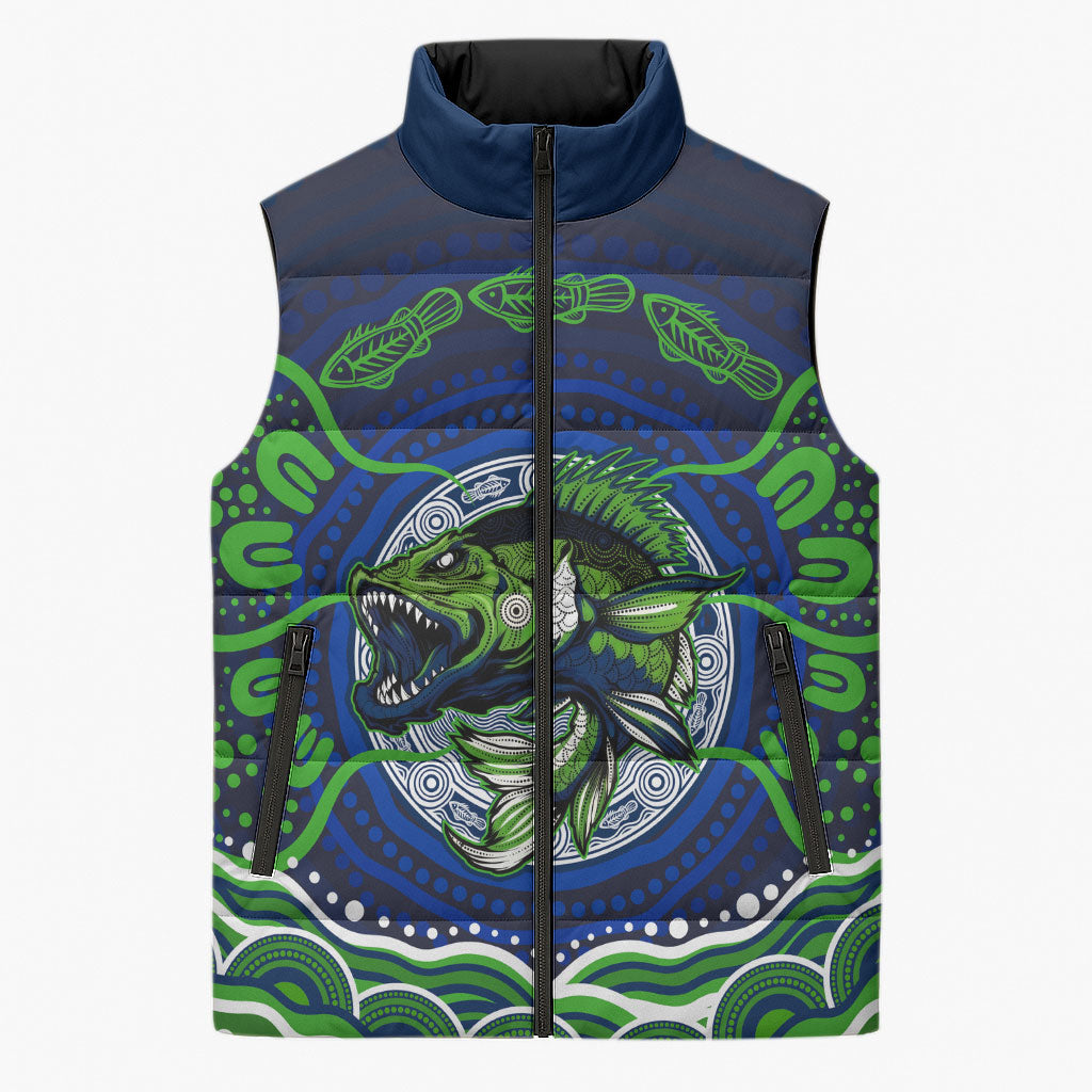 Personalised Barramundi Fishing Sleeveless Puffer Jacket Aboriginal Dot Art Fierce Fish