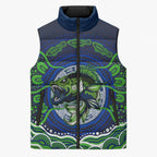 Personalised Barramundi Fishing Sleeveless Puffer Jacket Aboriginal Dot Art Fierce Fish