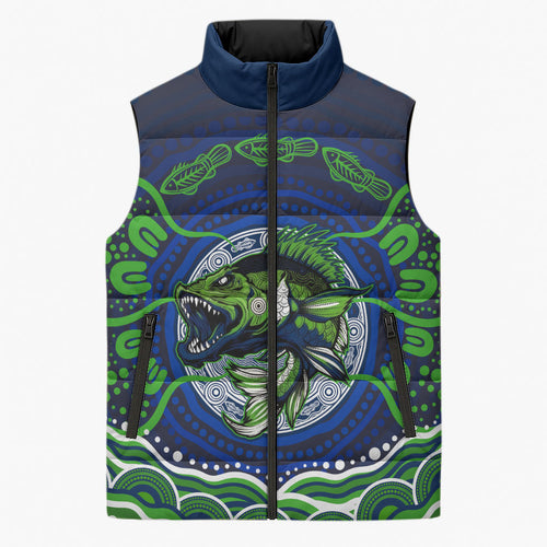Personalised Barramundi Fishing Sleeveless Puffer Jacket Aboriginal Dot Art Fierce Fish