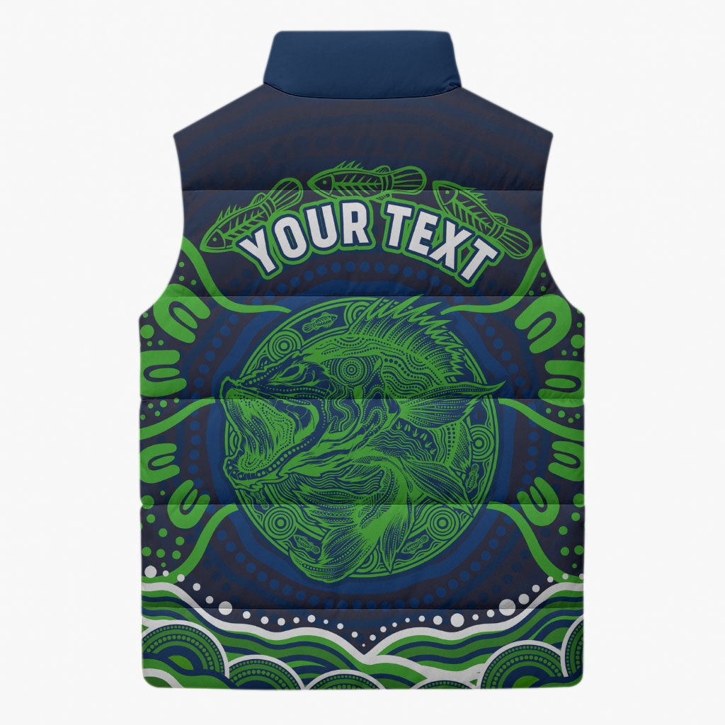 Personalised Barramundi Fishing Sleeveless Puffer Jacket Aboriginal Dot Art Fierce Fish