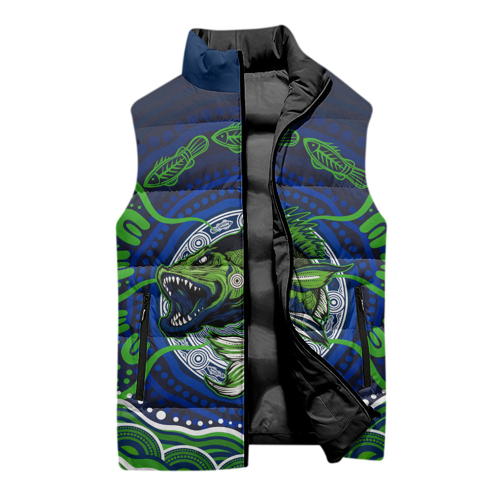 Personalised Barramundi Fishing Sleeveless Puffer Jacket Aboriginal Dot Art Fierce Fish