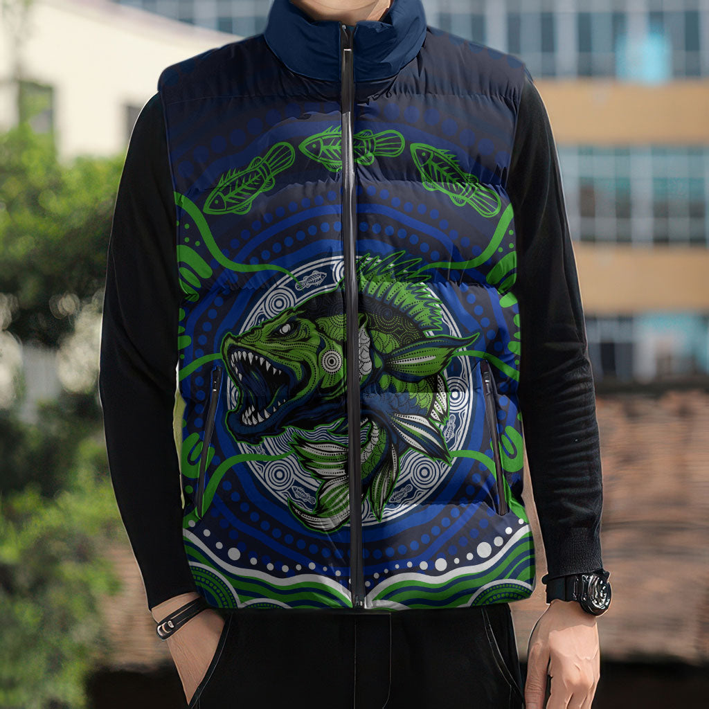 Personalised Barramundi Fishing Sleeveless Puffer Jacket Aboriginal Dot Art Fierce Fish